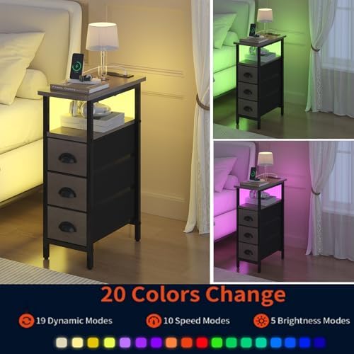 shtmec Narrow End Table Set of 2 with Charging Station, LED Side Tables Set 2 with Fabric Drawers, Small Bedside Tables Nightstands for Small Space, Slim Sofa Couch Table for Livingroom, Grey - Image 6