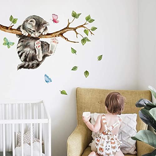 Yovkky Cat on Tree Branches Wall Decals Stickers, Kitty Animal Nursery | Decor, Green Leaves Baby Kids Bedroom Home Decorations Art - Image 5