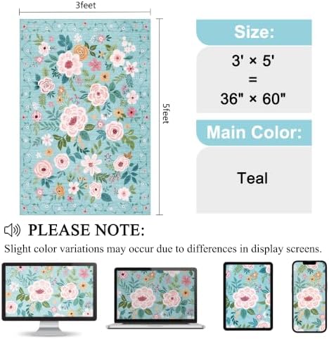 DUKINO 3x5 Area Rug, Floral Washable Rug for Bedroom Non Slip, Teal - Image 2
