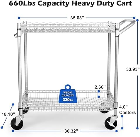 WDT Heavy Duty 2 Tier Rolling Cart, NSF Listed, 660Lbs Capacity, Commercial Grade Metal, 35.63"x18.1"x33.93" - Image 4