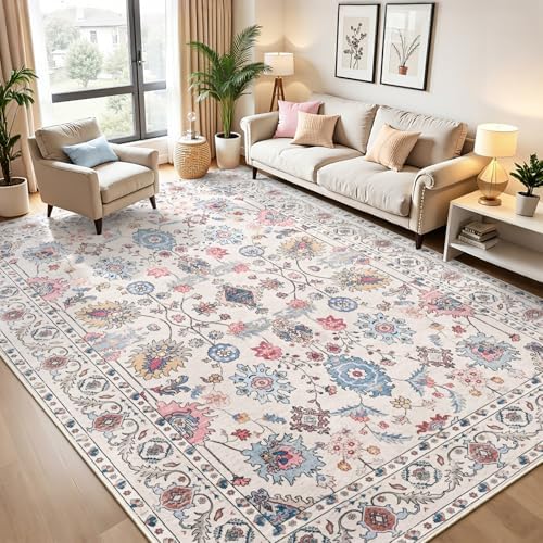 Hanples 9x12 Area Rugs for Living Room, Washable Rug Vintage Floral, Beige - Image 3