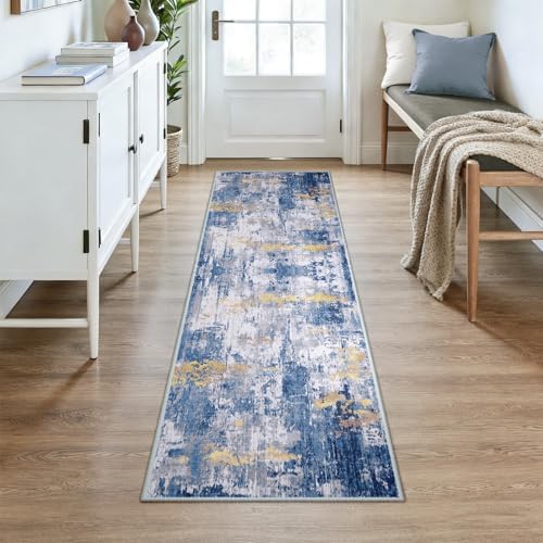 RELEANY Washable Runner 2'x7' Abstract Area Rug for Hallway Blue Gold - Image 2