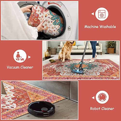 Moynesa Ultra-Thin Washable Area Rug - 4x6 Pink Rugs for Bedroom Girls Vintage Rug for Living Room, Non Slip Non Shedding Low Pile Indoor Throw Carpet for Nursery Office Entryway Kitchen Foyer - Image 4