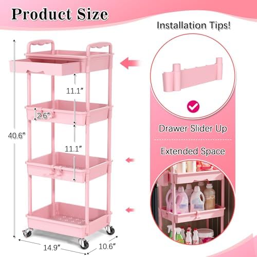 SUNALLY 4 Tier Rolling Cart with Drawer, Craft Storage Cart Organizer, Pink - Image 2