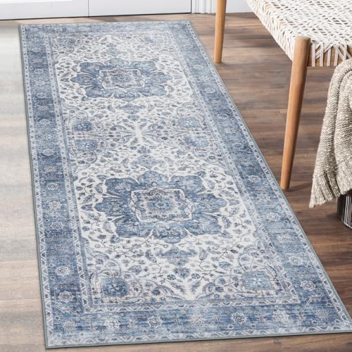 ReaLife Rugs Machine Washable Area Rug Runner - Living Room Bedroom Bathroom Kitchen Entryway Office - Padded Low Pile Stain Resistant Premium - Boho Farmhouse Vintage - Joy - Blue Ivory 2'6" x 8' by ReaLifeRugs