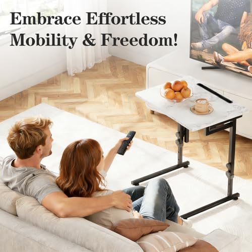 Adjustable Height Tv Tray Table,Portable Folding Tv Dinner Snack Table,Small Foldable C-Shaped End Table for Eating,Slide Under Couch Side with Sturdy MDF Top,No Assembly(White Marble+Black) - Image 5
