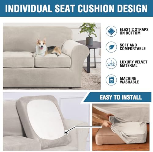 H.VERSAILTEX Modern Velvet Plush 4 Piece High Stretch Sofa Slipcover Sofa Cover Furniture Protector Form Fit Thick Velvet Sofa Cover for 3 Cushion Couch Width Up to 90 Inch (Sofa, French Oak) - Image 7