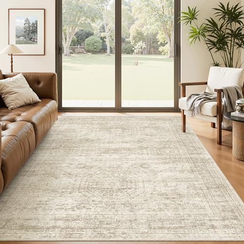 Soalmost 5x8 Area Rugs Beige Low Pile Washable Trendy Faded Style Rug by Soalmost