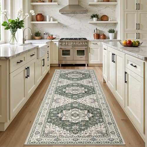 Hallway Runner Rug: 2.6x8 Kitchen Rugs for Living Room Green Ivory by EXPEDIX