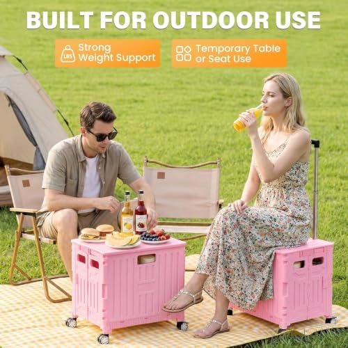 SUNALLY Folding Utility Cart Rolling Crate Handcart Shopping Trolley, Pink - Image 4
