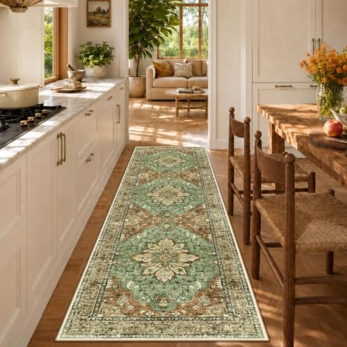 RELEANY Washable Area Rug, Runner 2'6"x8', Brick/Brown/Green by RELEANY