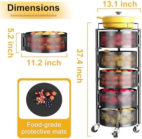 SNTD 5-Tier Fruit and Vegetable Basket Bowls for Kitchen, Rotating, Black - Image 2
