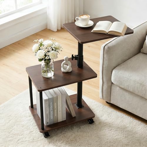 Modern Farmhouse Rolling Side Table with Wheel for Living Room, Adjustable Height Swivel End Table for Different Seating Types, Ideal for Couch, Sofa, Recliner and Living Room, Walnut-Look by Bingyouth