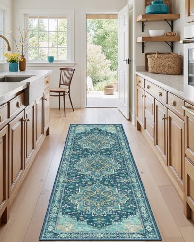 AMADA HOMEFURNISHING 2x6 Runner Rug, Vintage Distress Print Pattern Non Slip Area Carpet for Hallway Kitchen Bathroom Door Mat Indoor Entrance, Teal Blue - Image 2