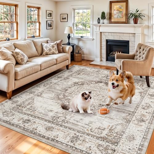 8x8 Area Rug Washable Living Room Rugs: 8ft Square Ultra Thin Soft Oriental Area Rugs Non-Slip Backing Farmhouse Rug Low Pile Thin Stain Resistant Indoor Carpets, 8' x 8' Beige by YOUFORTONG