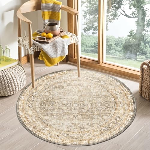 OPPODREAM Vintage Beige Area Rugs 3' Round, Washable Rug for Living Room by OPPODREAM