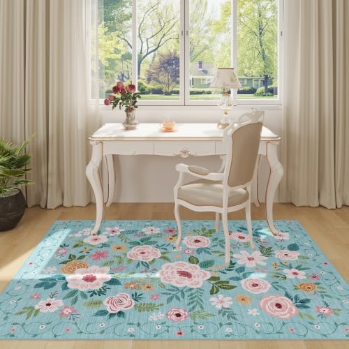 DUKINO 3x5 Area Rug, Floral Washable Rug for Bedroom Non Slip, Teal - Image 3