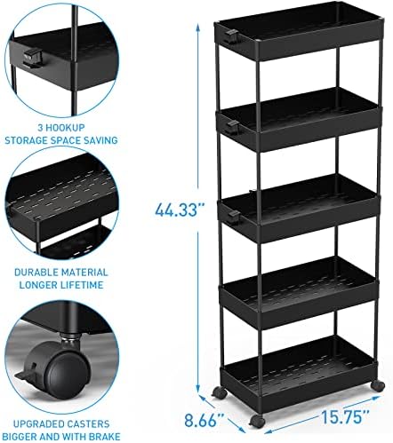 SPACEKEEPER 5 Tier Storage Rolling Cart, Bathroom Cart with Wheels, Black - Image 3
