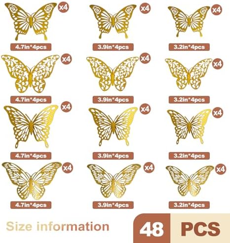 48 Pcs Gold 3D Butterfly Wall Decor Aesthetic Room Hanging Charm Metallic Texture Removable Wall Decals for Birthday Party Celebration Home Nursery Classroom DIY Craft Accessory Kit - Image 2