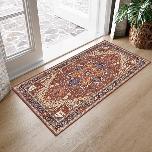Moynesa Ultra-Thin Washable Kitchen Rugs, 2x4 Small Entryway Rug Door Mat Non Slip Stain Resistant, Oriental Throw Rug for Front Indoor Entrance Bathroom Laundry Room, Brown/Multi by Moynesa