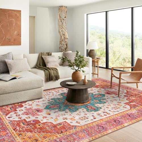 Moynesa Ultra-Thin Washable 10x14 Area Rugs for Bedroom, Pink Large Living Room Rug Non Slip, Medallion Oriental Indoor Floor Carpet for Dining Room Table Dorm Home Office Decor - Image 7