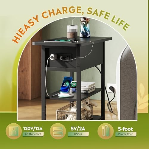 WLIVE 3-Tier End Table with Charging Station Flip Top Narrow Nightstand - Image 5