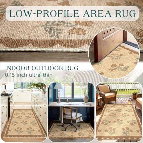 3x5 Floral Entry Rug - Small Washable Indoor Outdoor Mats for Front Door Non-Slip Jute-Look Porch Rug Boho Tan Scalloped Throw Rugs for Living Room Bedroom Entryway Kitchen Office Porch Decor - Image 7