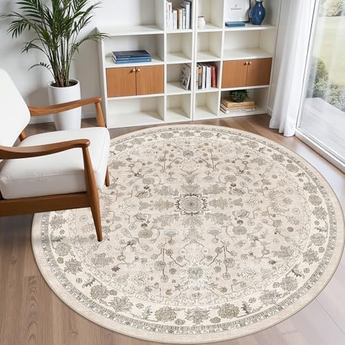 Round Kitchen Rugs 6ft Washable: Non-Slip Soft Low Pile Circle Area Rug for Under Table Living Room Dining Room Bedroom – Boho Floral Circular Floor Indoor Carpet (Beige,6x6) - Image 3