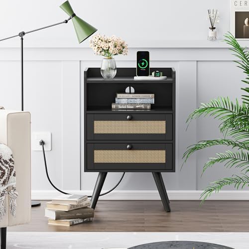 SUPERJARE Night Stand with Charger Station, Boho Rattan Nightstand Set of 2 - Image 2