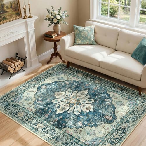 RELEANY Washable Area Rug, 4'x6', Blue/Vintage Dark Blue - Image 2