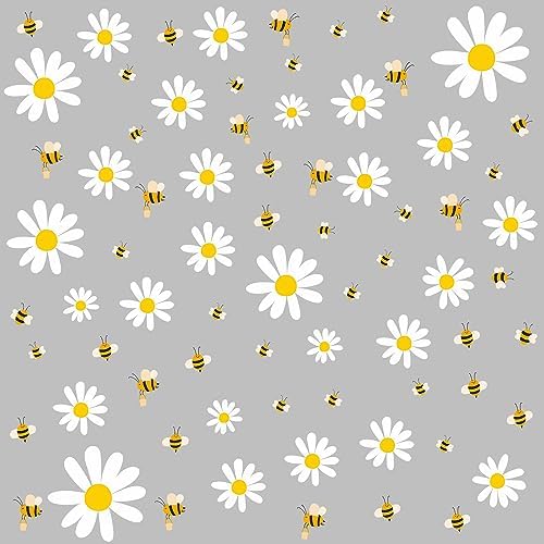 White Daisy and Bees Wall Stickers Easy to Peel and Stick Retro Flower Wall Decals for Girls Bedroom Nursery Living Room Office Floral Wall Decor by Kasubeso