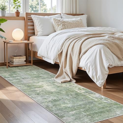 Soalmost Runner Rug 2'6"x8' Kitchen Hallway Runners Abstract Green/Ivory - Image 4