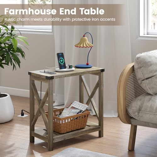 Hadulcet Farmhouse End Tables Living Room Set of 2 - Narrow Side Table with Charging Station, Slim Nightstand for Small Space, Skinny Bedside Table, Sofa Side Table with Storage Shelf, Elegant Gray - Image 5