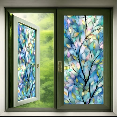 Blue Stained Glass Window Film, Decorative Static Cling Window Privacy Cling, 17.5 x 39.4 Inch Removable No Glue Geometric Leaf Window Film for Bathroom Bedroom by KKYEJLQYI