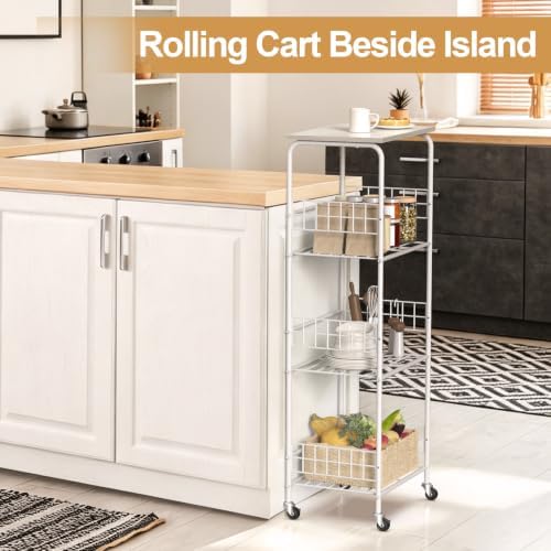 4-Tier Rolling Cart with Tabletop, Rolling Carts with Wheels and S Hooks - Image 2