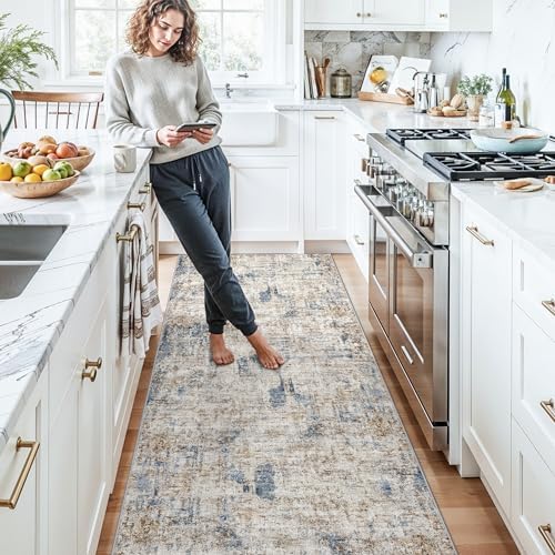 3x15 Ft Long Hallway Runner Rug - Non-Slip Washable Kitchen Runner Rug with Rubber Backing | Modern Abstract Wide Floor Carpet Runner for Indoor Entryway, Bedroom, Living Room（Blue Brown） - Image 3