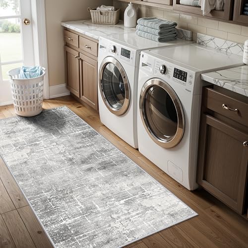 Washable 2x5 Hallway Runner Rug: Indoor Abstract Water Resistant Kitchen Entryway Rug Soft Living Room Bedroom Carpet Thin Low Pile Non Slip Floor Mat for Bathroom Laundry Room(2X5，Light/Grey) - Image 5