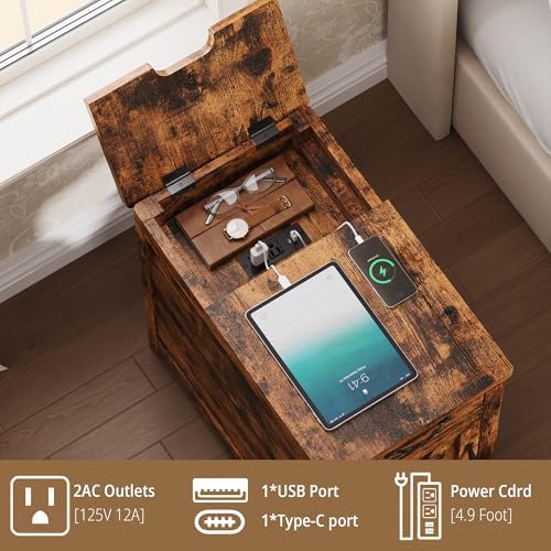 IRONCK End Table with Charging Station, Farmhouse Narrow Side Table with Drawer and Cup Holder, End Table Set of 2 with USB Ports and Outlets for Living Room, Vintage Brown - Image 6