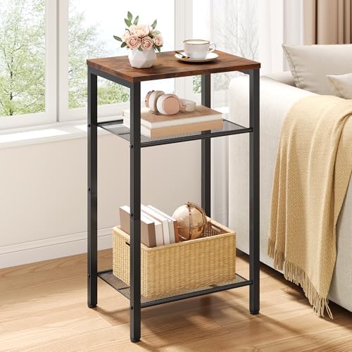 Hoctieon 3 Tier End Table, Telephone Table, Narrow Side Table with Storage, Nightstand for Small Spaces, Metal Frame, For Living Room, Bedroom, Sofa Couch, Hall, Easy Assembly, Rustic Brown by Hoctieon