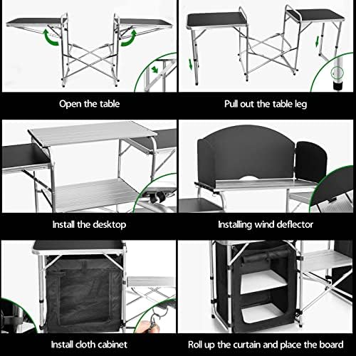 CampLand Folding Camping Kitchen Table with Windscreen,Portable Outdoor Cooking Station with Storage Cabinet & Side Tables Heavy Duty Camp Cook Station for Camping & BBQ (Black2cabinet) - Image 4