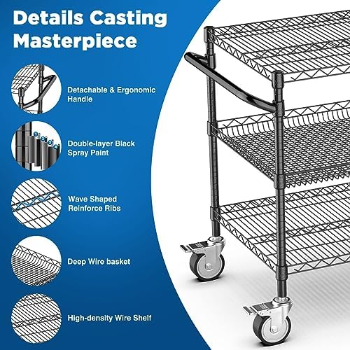 Leteuke Heavy Duty Rolling Utility Cart, 45 Inch Kitchen Carts with Wheels, NSF Commercial Grade with Handle & Shelf Liners, 1120LBS Storage Cart for Kitchen,Restaurant,Plant Display-Black - Image 3