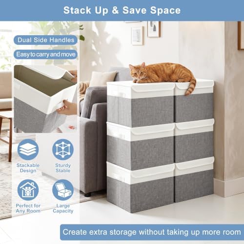 Bagnizer Large 17" 42 Quarts Collapsible Stackable Storage Bins with Lids [3-Pack] Foldable Fabric Linen Storage Boxes Cube, Closet Organizer Baskets with Label (16.7 x 12 x 12, Gray & White) - Image 5