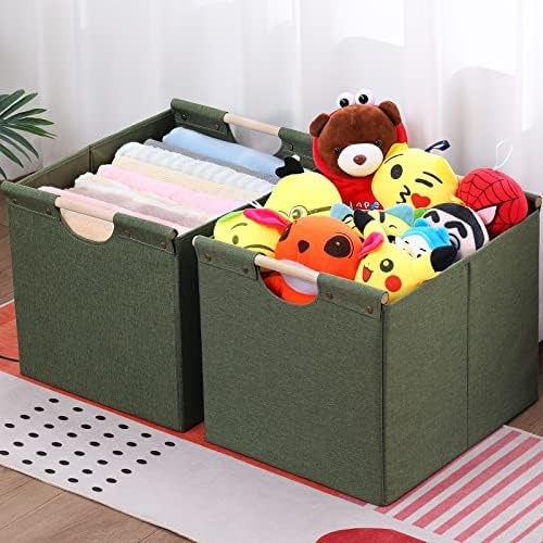 HOONEX Large Collapsible Storage Bins, Linen Fabric, Pack of 2, Storage Baskets with Wooden Carry Handles and Sturdy Heavy Cardboard, for Home, Office, Car, Nursery, Olive - Image 3