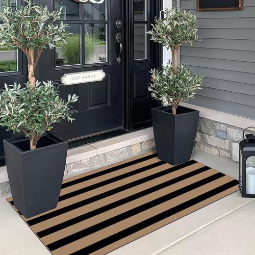 Front Door Mat Indoor Entrance - 2x4.3 Ft Black Tan Striped Rug - Image 4