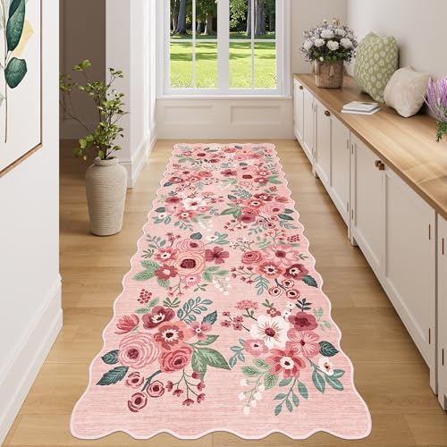 DUKINO 3x8 Kitchen Runner Rug, Soft Floral Washable Rug for Hallway, Pink by DUKINO