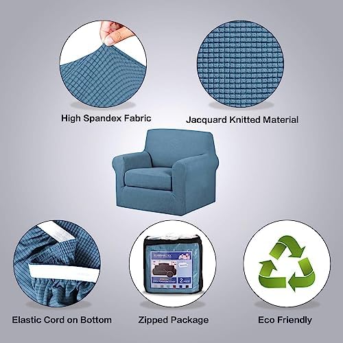 H.VERSAILTEX High Stretch Chair Cover Chair Slipcover 2 Piece Couch Shield Furniture Cover/Protector Soft with High Spandex Jacquard Checked Pattern Fabric (Chair, Dusty Blue) - Image 4