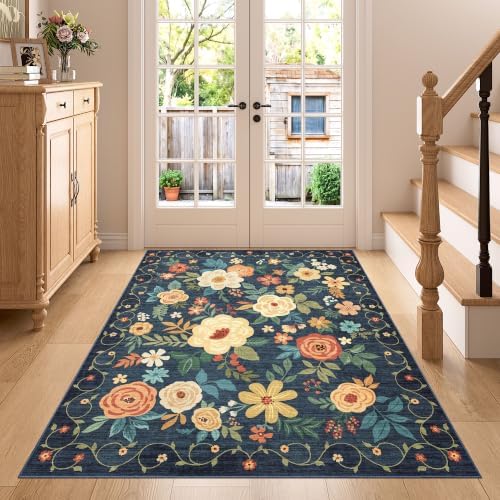 DUKINO 4x5 Area Rug for Entryway, Floral Washable Rug Non Slip, Navy Blue by DUKINO