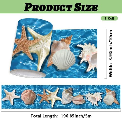 Beach Wallpaper Border Wall Border Trim Peel and Stick 19.7 x 4 Inch Ocean Seashell Starfish Pattern PVC Decorative Molding Stickers for Bathroom Kitchen Backsplash Hotel Home Decoration - Image 2