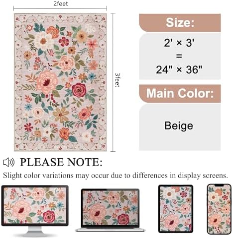 DUKINO 2x3 Entryway Rug, Floral Door Mat Soft Washable Rug Non Slip, Beige - Image 2
