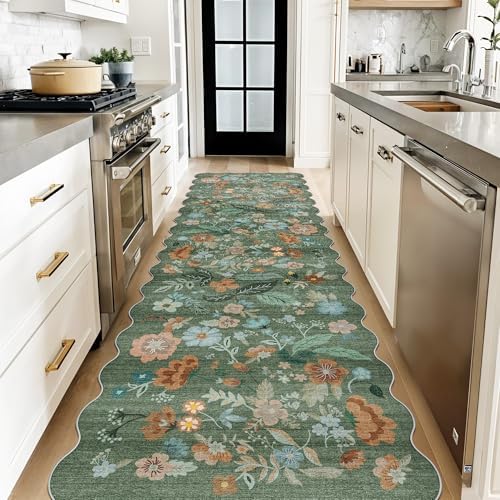Washable 3x10 Hallway Runner Rug: Floral Scalloped Soft Runners for Entryway Kitchen Nursery Non Slip Bathroom Floor Mat Water Resistant Light Weight Carpet for Living Room Bedroom (3x10 Floral/Green) - Image 6